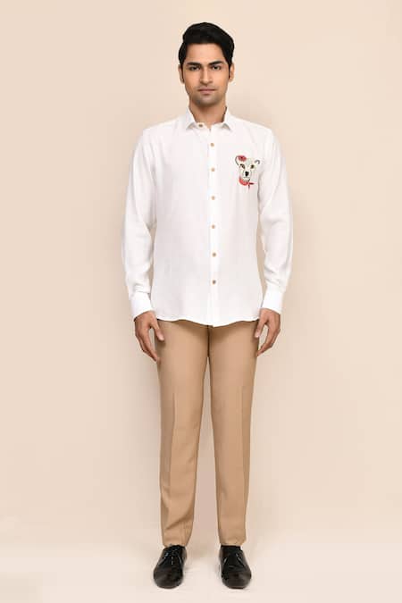 Buy_Aryavir Malhotra_White Linen, Satin Embroidery Tiger Work Shirt _Online_at_Aza_Fashions