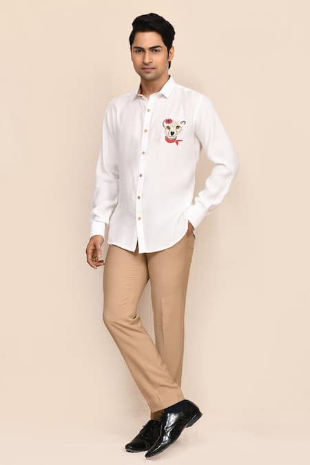 Shop_Aryavir Malhotra_White Linen, Satin Embroidery Tiger Work Shirt _Online_at_Aza_Fashions
