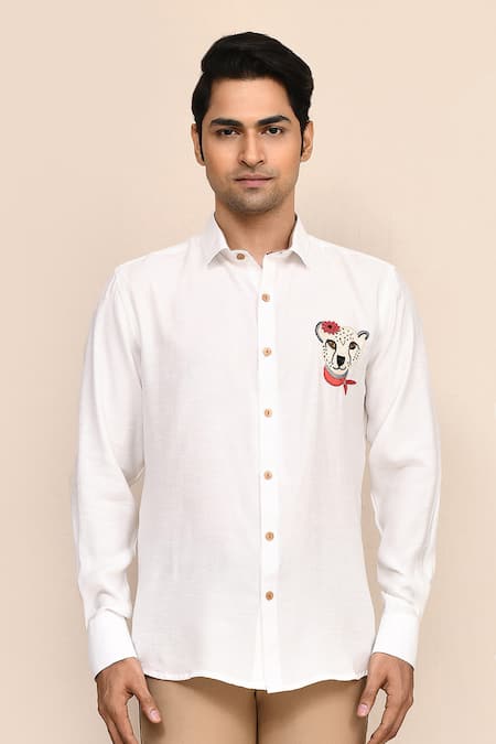 Aryavir Malhotra White Linen, Satin Embroidery Tiger Work Shirt at Aza Fashions Aryavir Malhotra_White Linen, Satin Embroidery Tiger Work Shirt _at_Aza_Fashions