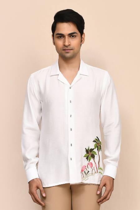 Aryavir Malhotra_White Linen Embroidery Hand Work Shirt _at_Aza_Fashions