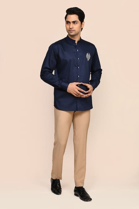 Aryavir Malhotra Navy Blue Eagle Embroidered Shirt 