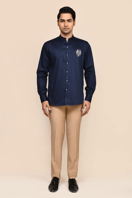 Aryavir Malhotra_Navy Cotton Embroidery Blue Eagle Shirt _Online_at_Aza_Fashions