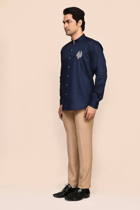 Buy_Aryavir Malhotra_Navy Cotton Embroidery Blue Eagle Shirt _Online_at_Aza_Fashions