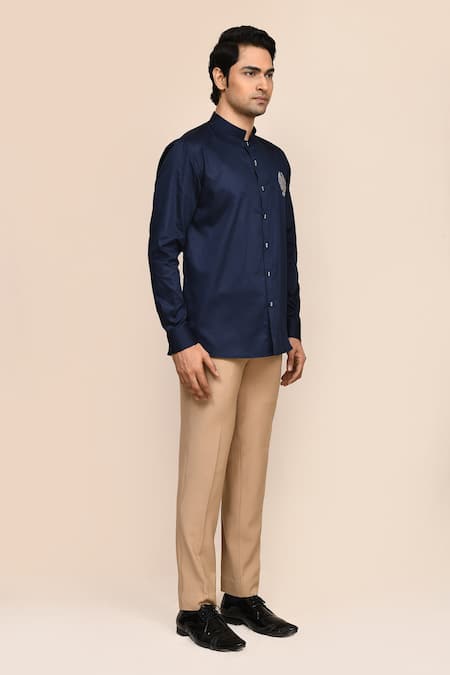 Shop_Aryavir Malhotra_Navy Cotton Embroidery Blue Eagle Shirt _Online_at_Aza_Fashions