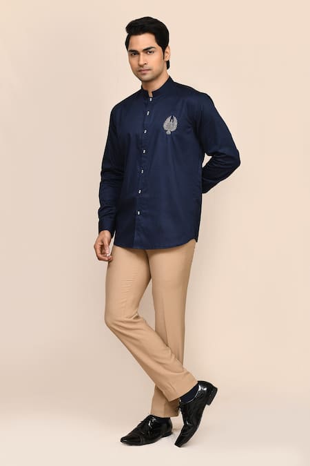 Buy_Aryavir Malhotra_Navy Cotton Embroidery Blue Eagle Shirt 
