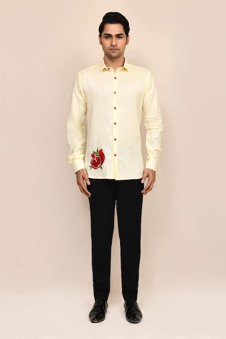 Buy_Aryavir Malhotra_Yellow Linen, Cotton Embroidery Shirt _Online_at_Aza_Fashions