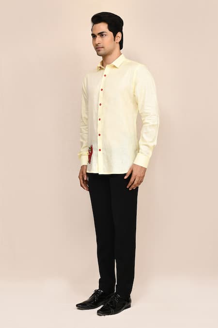 Shop_Aryavir Malhotra_Yellow Linen, Cotton Embroidery Shirt _Online_at_Aza_Fashions