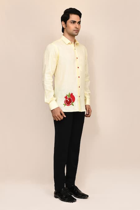 Aryavir Malhotra_Yellow Linen, Cotton Embroidery Shirt _at_Aza_Fashions