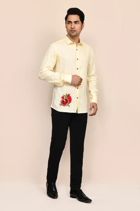 Buy_Aryavir Malhotra_Yellow Linen, Cotton Embroidery Shirt 