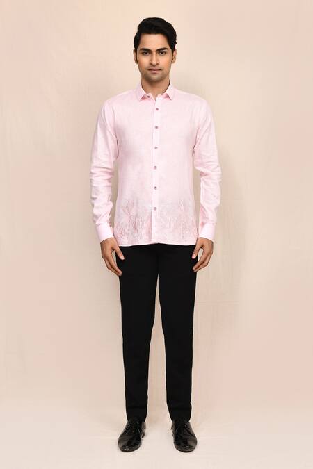 Buy_Aryavir Malhotra_Pink Linen, Cotton Embroidery Shirt _Online_at_Aza_Fashions