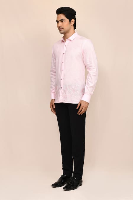 Shop_Aryavir Malhotra_Pink Linen, Cotton Embroidery Shirt _Online_at_Aza_Fashions