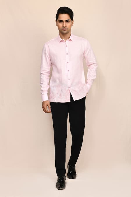 Buy_Aryavir Malhotra_Pink Linen, Cotton Embroidery Shirt 