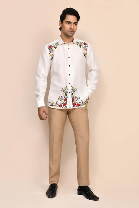 Aryavir Malhotra Floral Embroidered Off White Shirt 