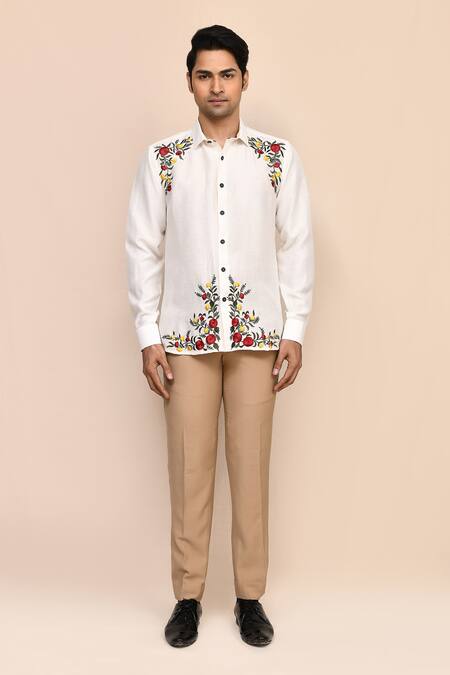 Aryavir Malhotra_Off White Linen Embroidery Floral Shirt _Online_at_Aza_Fashions