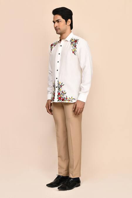 Shop_Aryavir Malhotra_Off White Linen Embroidery Floral Shirt _Online_at_Aza_Fashions