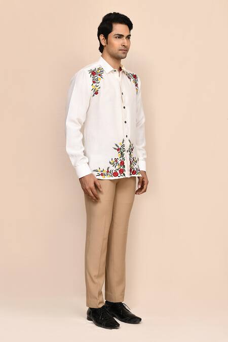 Aryavir Malhotra_Off White Linen Embroidery Floral Shirt _at_Aza_Fashions