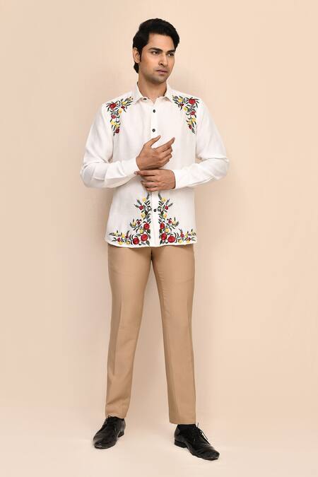 Buy_Aryavir Malhotra_Off White Linen Embroidery Floral Shirt 