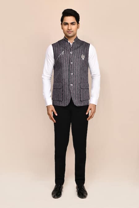 Arihant Rai Sinha_Gray Brooches Striped Nehru Jacket _Online_at_Aza_Fashions