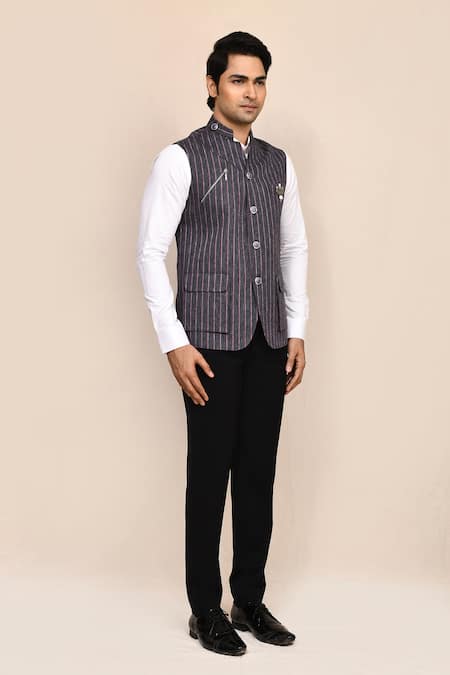 Buy_Arihant Rai Sinha_Gray Brooches Striped Nehru Jacket _Online_at_Aza_Fashions