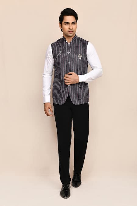 Shop_Arihant Rai Sinha_Gray Brooches Striped Nehru Jacket _Online_at_Aza_Fashions