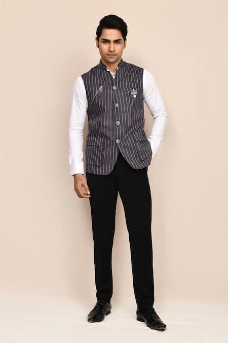 Arihant Rai Sinha_Gray Brooches Striped Nehru Jacket _at_Aza_Fashions