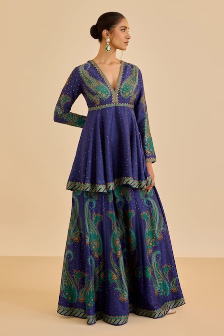 Ritu Kumar Blue Silk, Viscose Embroidery, Sequins Paisley Print And Kurta With Palazzo at Aza Fashions Ritu Kumar_Blue Silk, Viscose Embroidery, Sequins Paisley Print And Kurta With Palazzo _at_Aza_Fashions