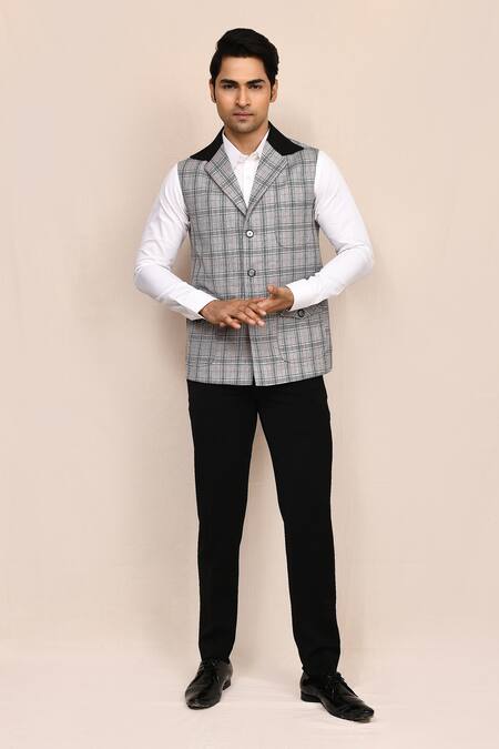 Shop_Arihant Rai Sinha_Gray Plaid Nehru Jacket _Online_at_Aza_Fashions