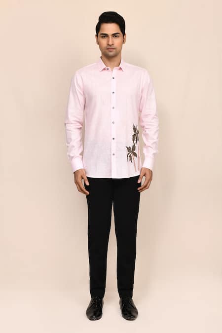 Buy_Aryavir Malhotra_Pink Linen, Cotton Embroidery Shirt _Online_at_Aza_Fashions