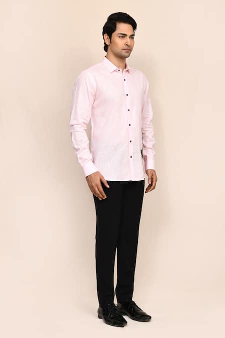 Aryavir Malhotra_Pink Linen, Cotton Embroidery Shirt _at_Aza_Fashions
