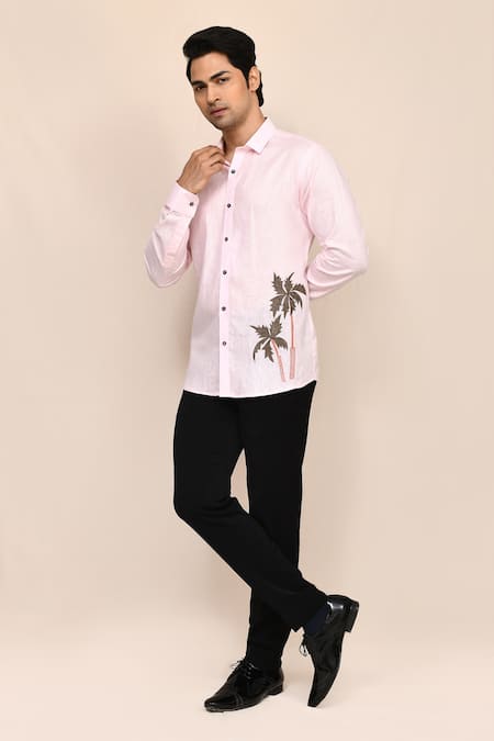 Buy_Aryavir Malhotra_Pink Linen, Cotton Embroidery Shirt 