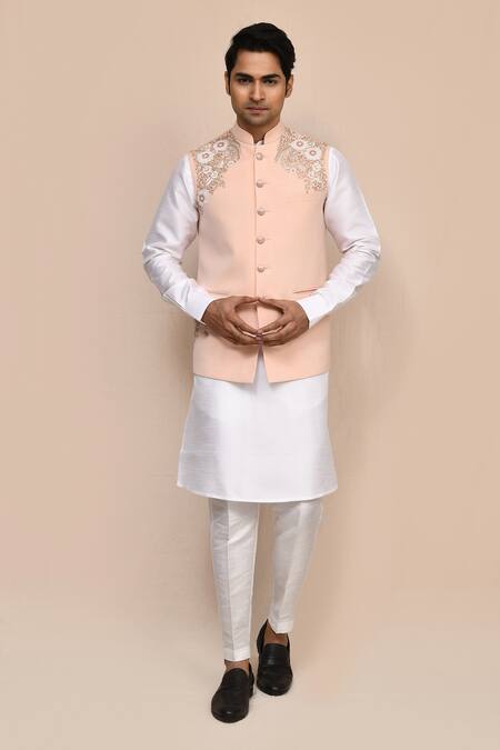 Arihant Rai Sinha_Peach Embroidery Hand Work Nehru Jacket _at_Aza_Fashions