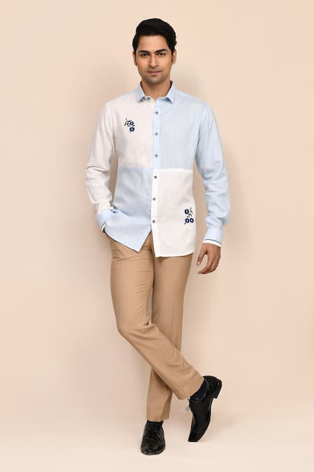 Aryavir Malhotra Embroidered White & Sky Linen Cotton Shirt 