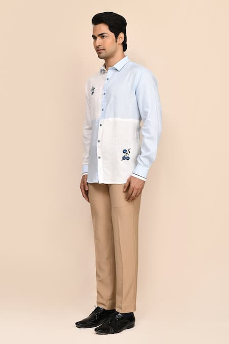 Buy_Aryavir Malhotra_White Cotton, Linen Embroidery And Sky Shirt _Online_at_Aza_Fashions
