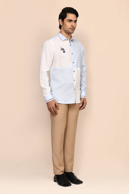 Aryavir Malhotra_White Cotton, Linen Embroidery And Sky Shirt _at_Aza_Fashions