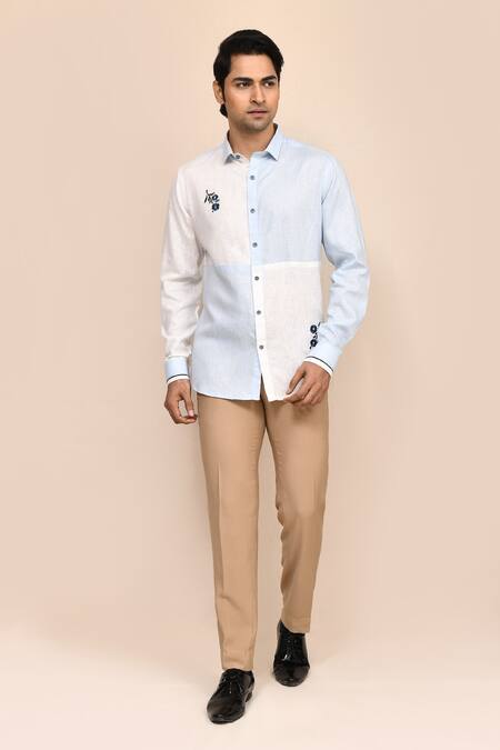 Buy_Aryavir Malhotra_White Cotton, Linen Embroidery And Sky Shirt 