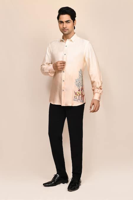 Aryavir Malhotra Cream & Beige Shaded Hand Work Shirt 