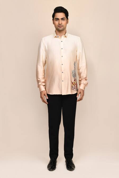 Buy_Aryavir Malhotra_Cream Linen, Satin Embroidery And Beige Shaded Hand Work Shirt _Online_at_Aza_Fashions