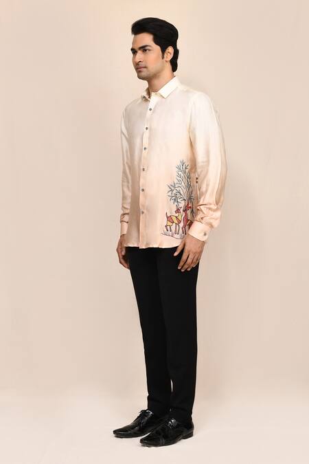 Shop_Aryavir Malhotra_Cream Linen, Satin Embroidery And Beige Shaded Hand Work Shirt _Online_at_Aza_Fashions