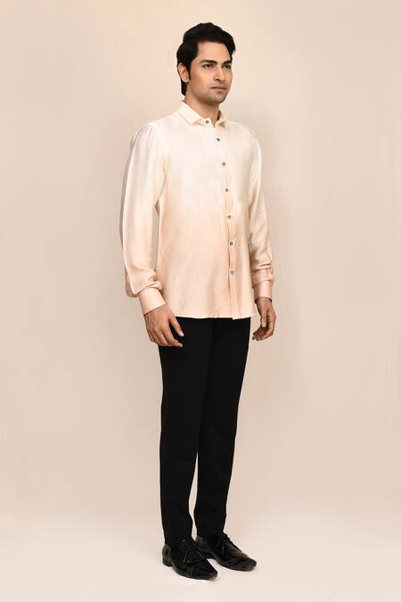 Aryavir Malhotra_Cream Linen, Satin Embroidery And Beige Shaded Hand Work Shirt _at_Aza_Fashions