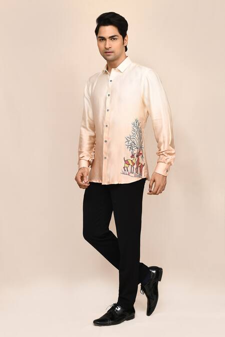 Buy_Aryavir Malhotra_Cream Linen, Satin Embroidery And Beige Shaded Hand Work Shirt 