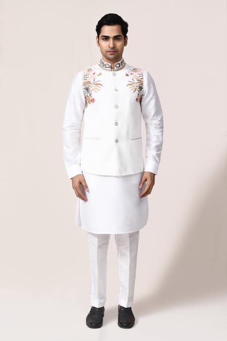 Arihant Rai Sinha_Off White Embroidery Hand Nehru Jacket _Online_at_Aza_Fashions