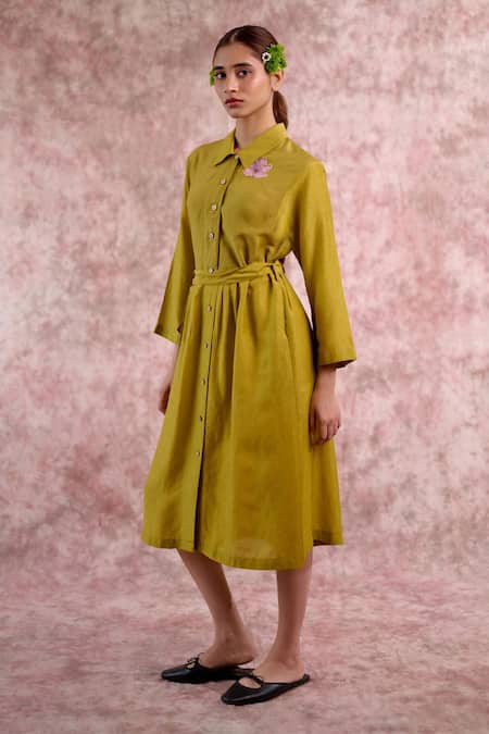 Buy_Doodlage_Green Bemberg, Georgette, Linen Embroidery Collared Floral Shirt Dress 