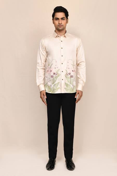 Buy_Aryavir Malhotra_Beige Cotton Embroidery Light Hand Work Shirt _Online_at_Aza_Fashions