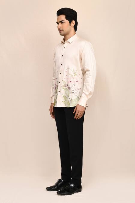 Shop_Aryavir Malhotra_Beige Cotton Embroidery Light Hand Work Shirt _Online_at_Aza_Fashions