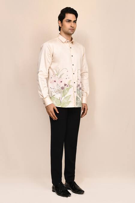 Aryavir Malhotra_Beige Cotton Embroidery Light Hand Work Shirt _at_Aza_Fashions