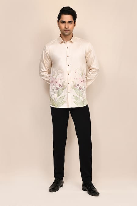 Buy_Aryavir Malhotra_Beige Cotton Embroidery Light Hand Work Shirt 