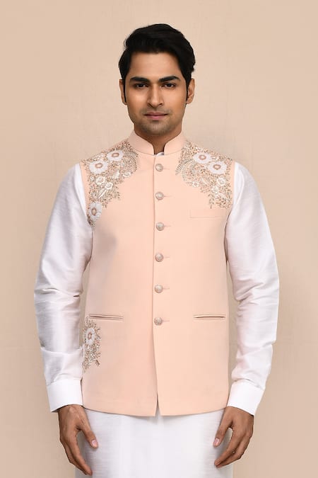 Buy_Arihant Rai Sinha_Rose Gold Terrycloth Embroidery Pink Hand Work Bundi Set _Online_at_Aza_Fashions