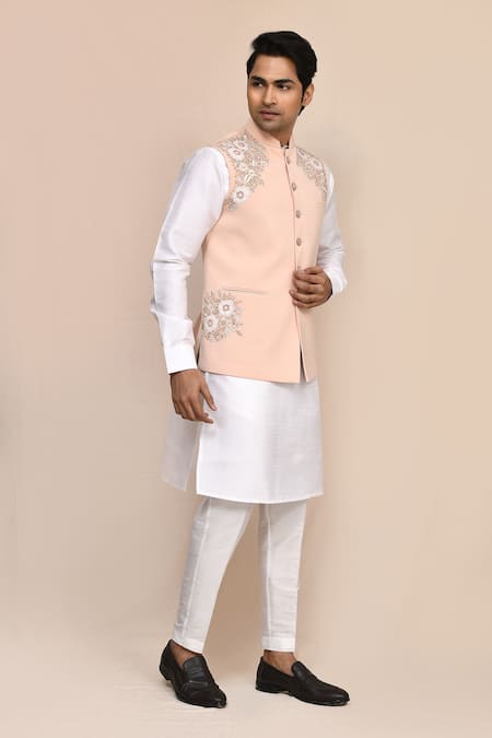 Shop_Arihant Rai Sinha_Rose Gold Terrycloth Embroidery Pink Hand Work Bundi Set _Online_at_Aza_Fashions