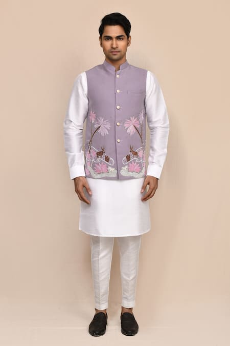 Buy_Arihant Rai Sinha_Mauve Rayon, Silk Embroidery Mouve Bundi Kurta Set _Online_at_Aza_Fashions