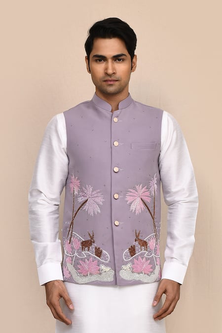 Arihant Rai Sinha_Mauve Rayon, Silk Embroidery Mouve Bundi Kurta Set _at_Aza_Fashions